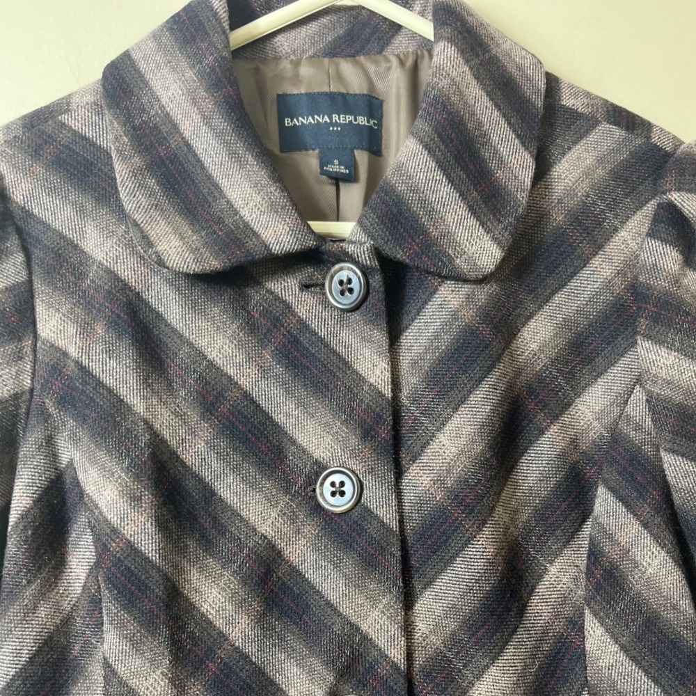 Banana Republic Wool Blend Striped Peplum Blazer Jacket Brown Grey Small S Retro - Picture 8 of 12